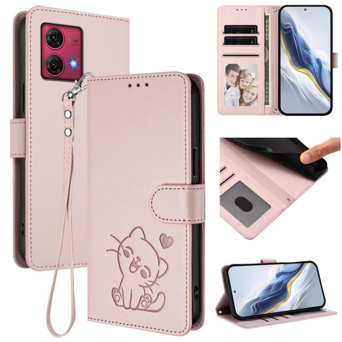 Embossed Heart Cat Leather Phone Case with Hand Strap, For Motorola Moto G84 5G, For Motorola Moto G14 4G / G54