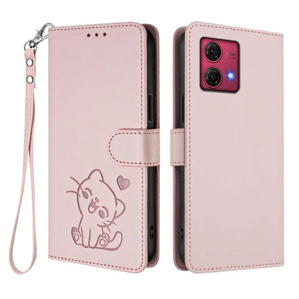 Embossed Heart Cat Leather Phone Case with Hand Strap, For Motorola Moto G84 5G, For Motorola Moto G14 4G / G54