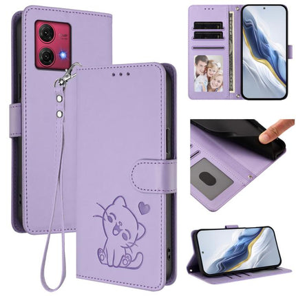 Embossed Heart Cat Leather Phone Case with Hand Strap, For Motorola Moto G84 5G, For Motorola Moto G14 4G / G54