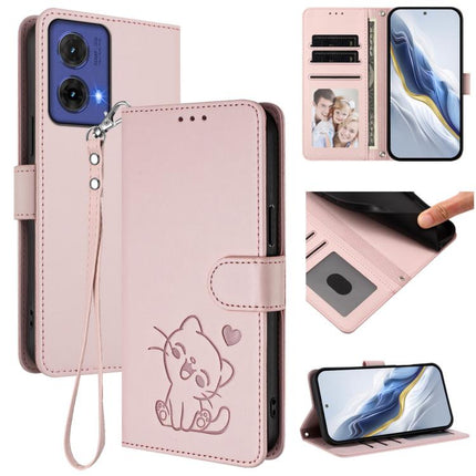 Embossed Heart Cat Leather Phone Case with Hand Strap, For Motorola Moto G85 5G, For Motorola Edge 5G 2024