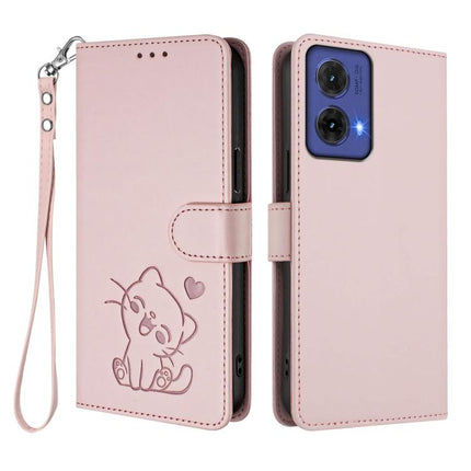 Embossed Heart Cat Leather Phone Case with Hand Strap, For Motorola Moto G85 5G, For Motorola Edge 5G 2024