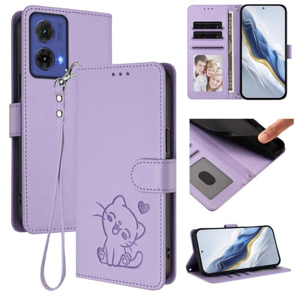 Embossed Heart Cat Leather Phone Case with Hand Strap, For Motorola Moto G85 5G, For Motorola Edge 5G 2024
