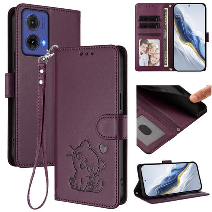 Embossed Heart Cat Leather Phone Case with Hand Strap, For Motorola Moto G85 5G, For Motorola Edge 5G 2024
