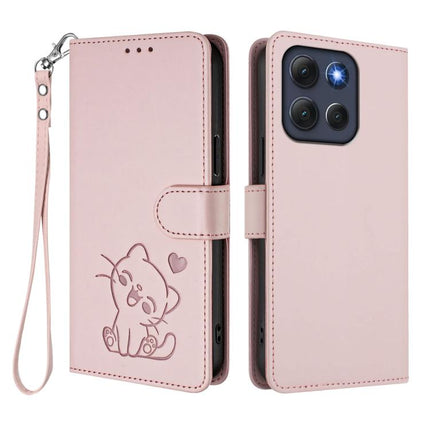 Embossed Heart Cat Leather Phone Case with Hand Strap, For Motorola Moto G86 5G, For Motorola Moto G56 5G