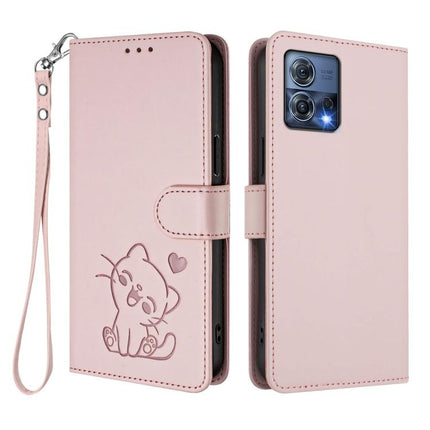Embossed Heart Cat Leather Phone Case with Hand Strap, For Motorola Moto S30 Pro 5G, For Motorola Edge 30 Neo