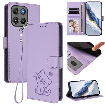 Embossed Heart Cat Leather Phone Case with Hand Strap, For Motorola Moto G17 4G / G17 Power 4G, For Motorola Moto G67 Power 5G