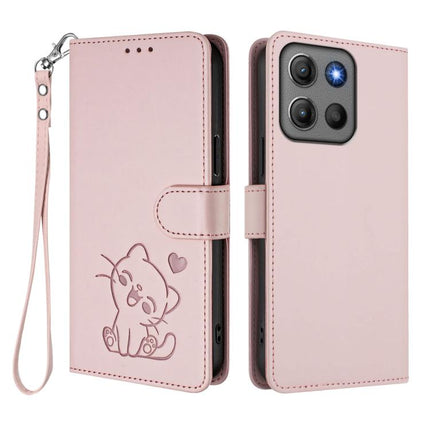 Embossed Heart Cat Leather Phone Case with Hand Strap, For Motorola Moto G17 4G / G17 Power 4G, For Motorola Moto G67 Power 5G