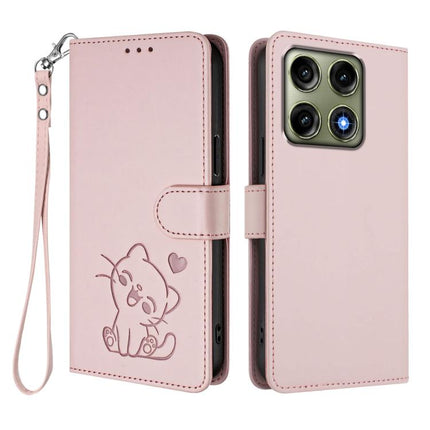 Embossed Heart Cat Leather Phone Case with Hand Strap, For Motorola Edge 70 Pro 5G, For Motorola Moto X70 Air Pro / Signature 5G