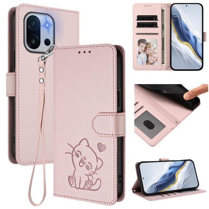 Embossed Heart Cat Leather Phone Case with Hand Strap, For OnePlus 13T 5G, For OnePlus 13R / Ace 5 Pro / Ace 5