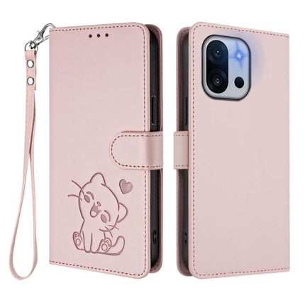 Embossed Heart Cat Leather Phone Case with Hand Strap, For OnePlus 13T 5G, For OnePlus 13R / Ace 5 Pro / Ace 5