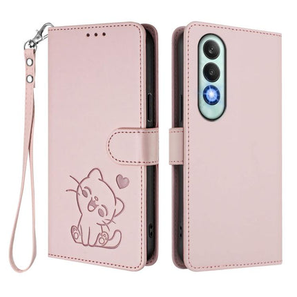 Embossed Heart Cat Leather Phone Case with Hand Strap, For OnePlus Nord CE4 5G, For OnePlus Nord N30 SE 5G
