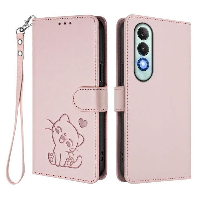 Embossed Heart Cat Leather Phone Case with Hand Strap, For OnePlus Nord CE4 5G, For OnePlus Nord N30 SE 5G