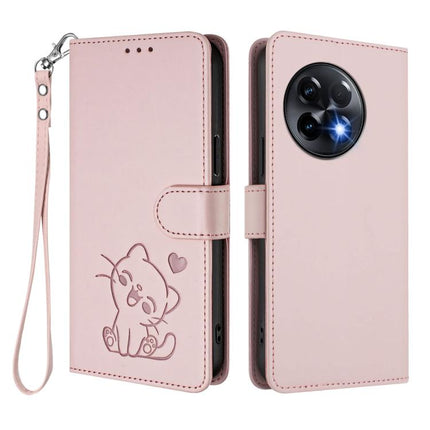 Embossed Heart Cat Leather Phone Case with Hand Strap, For OnePlus 11R 5G / Ace 2 5G, For OnePlus 11
