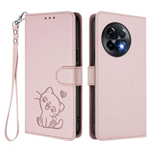 Embossed Heart Cat Leather Phone Case with Hand Strap, For OnePlus 11R 5G / Ace 2 5G, For OnePlus 11