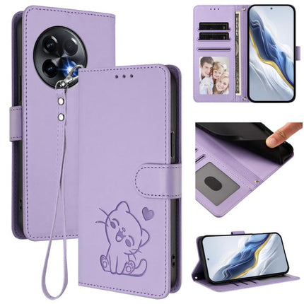 Embossed Heart Cat Leather Phone Case with Hand Strap, For OnePlus 11R 5G / Ace 2 5G, For OnePlus 11
