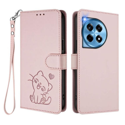 Embossed Heart Cat Leather Phone Case with Hand Strap, For OnePlus 12R 5G / Ace 3 5G, For OnePlus 12 5G