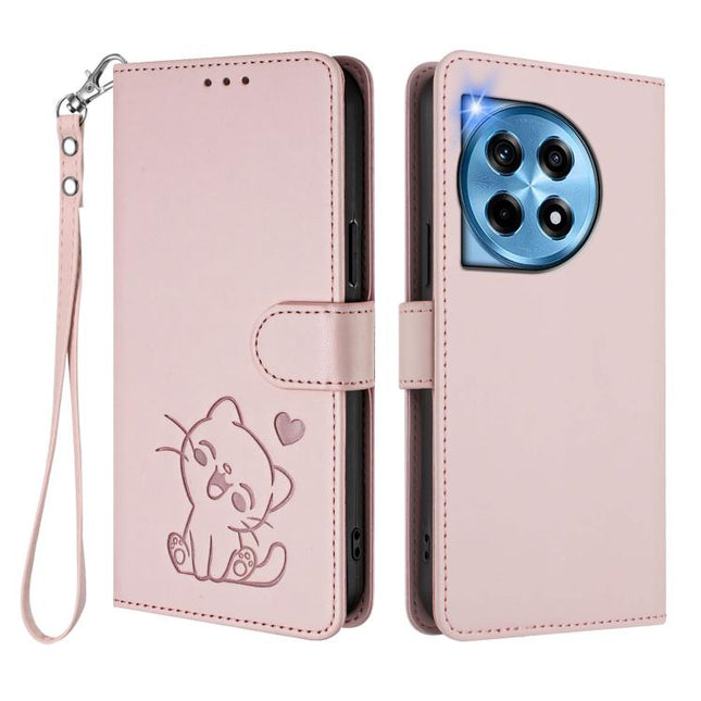 Embossed Heart Cat Leather Phone Case with Hand Strap, For OnePlus 12R 5G / Ace 3 5G, For OnePlus 12 5G