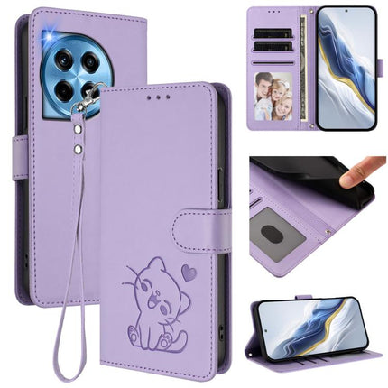Embossed Heart Cat Leather Phone Case with Hand Strap, For OnePlus 12R 5G / Ace 3 5G, For OnePlus 12 5G