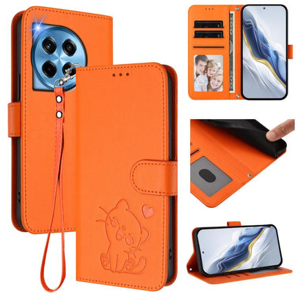 Embossed Heart Cat Leather Phone Case with Hand Strap, For OnePlus 12R 5G / Ace 3 5G, For OnePlus 12 5G