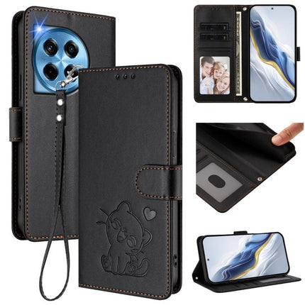 Embossed Heart Cat Leather Phone Case with Hand Strap, For OnePlus 12R 5G / Ace 3 5G, For OnePlus 12 5G