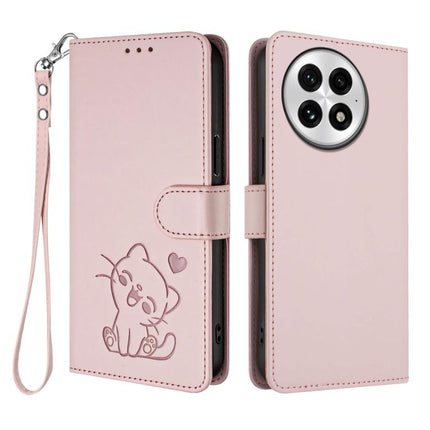 Embossed Heart Cat Leather Phone Case with Hand Strap, For OnePlus 13, For OnePlus Nord 4 5G