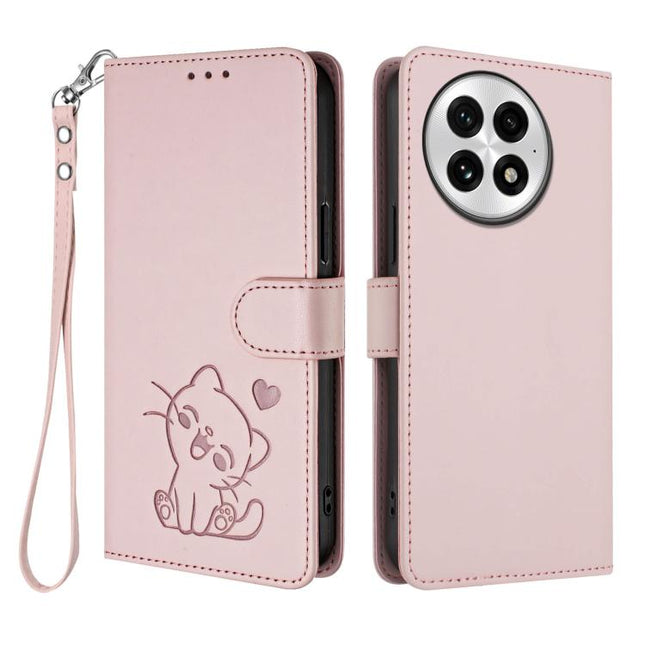Embossed Heart Cat Leather Phone Case with Hand Strap, For OnePlus 13, For OnePlus Nord 4 5G