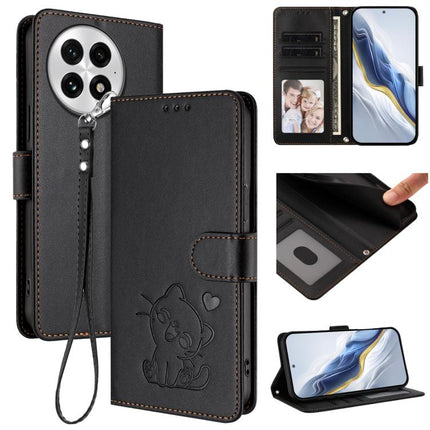 Embossed Heart Cat Leather Phone Case with Hand Strap, For OnePlus 13, For OnePlus Nord 4 5G