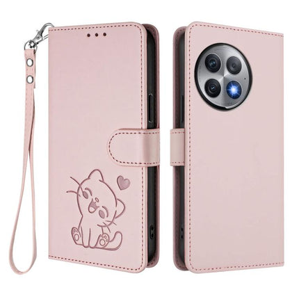 Embossed Heart Cat Leather Phone Case with Hand Strap, For OnePlus Ace 2 Pro 5G, For OnePlus Nord CE3 5G India
