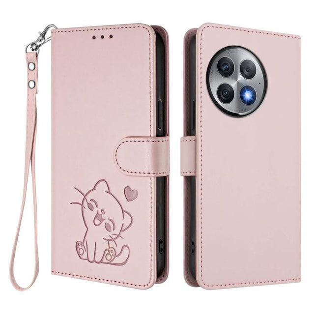 Embossed Heart Cat Leather Phone Case with Hand Strap, For OnePlus Ace 2 Pro 5G, For OnePlus Nord CE3 5G India