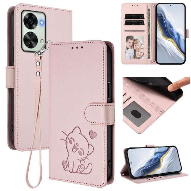 Embossed Heart Cat Leather Phone Case with Hand Strap, For OnePlus Nord 2T, For OnePlus 10R / Ace / 10R Prime