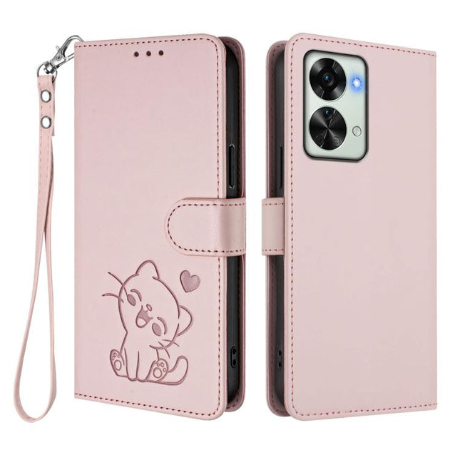 Embossed Heart Cat Leather Phone Case with Hand Strap, For OnePlus Nord 2T, For OnePlus 10R / Ace / 10R Prime