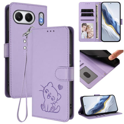 Embossed Heart Cat Leather Phone Case with Hand Strap, For OnePlus 13, For OnePlus Nord 4 5G