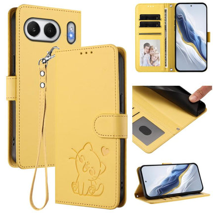 Embossed Heart Cat Leather Phone Case with Hand Strap, For OnePlus 13, For OnePlus Nord 4 5G