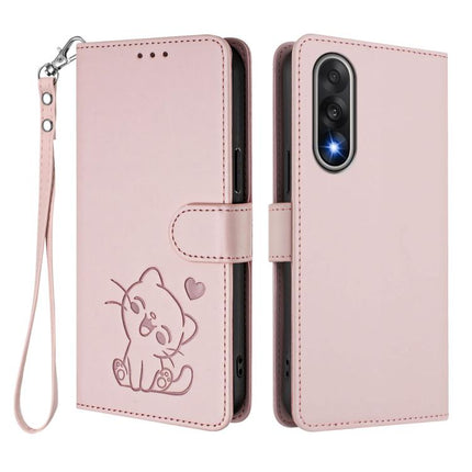 Embossed Heart Cat Leather Phone Case with Hand Strap, For OnePlus Nord 5 5G / Ace 5 Ultra, For OnePlus Nord CE5 / Ace 5 Racing