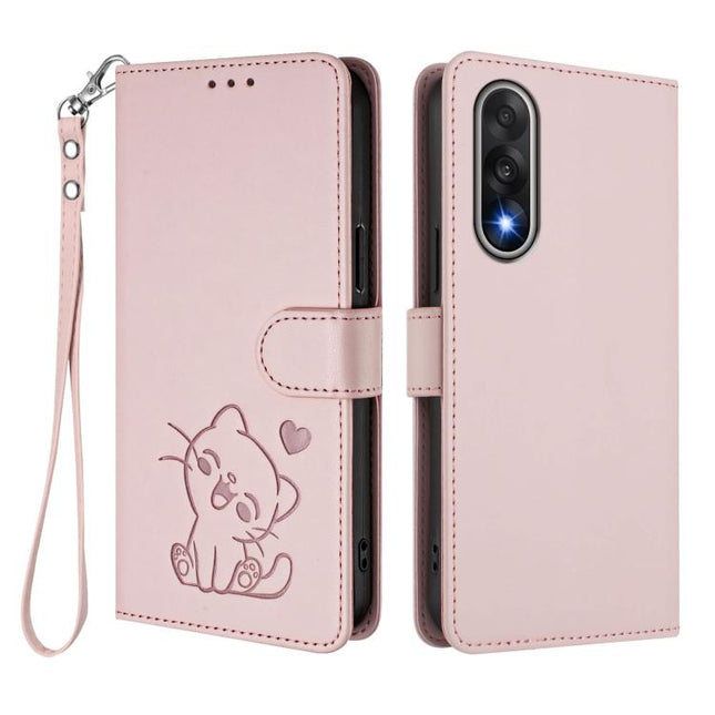 Embossed Heart Cat Leather Phone Case with Hand Strap, For OnePlus Nord 5 5G / Ace 5 Ultra, For OnePlus Nord CE5 / Ace 5 Racing
