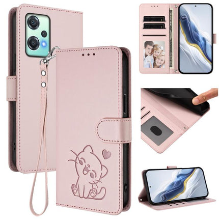 Embossed Heart Cat Leather Phone Case with Hand Strap, For OnePlus Nord CE4 Lite 5G, For OnePlus Nord CE 2 Lite 5G