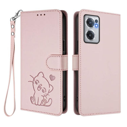 Embossed Heart Cat Leather Phone Case with Hand Strap, For OnePlus Nord CE 2 5G, For OnePlus 10 Pro 5G