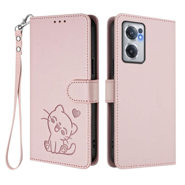 Embossed Heart Cat Leather Phone Case with Hand Strap, For OnePlus Nord CE 2 5G, For OnePlus 10 Pro 5G