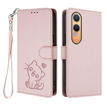 Embossed Heart Cat Leather Phone Case with Hand Strap, For OnePlus Nord CE4 Lite 5G, For OnePlus Nord CE 2 Lite 5G