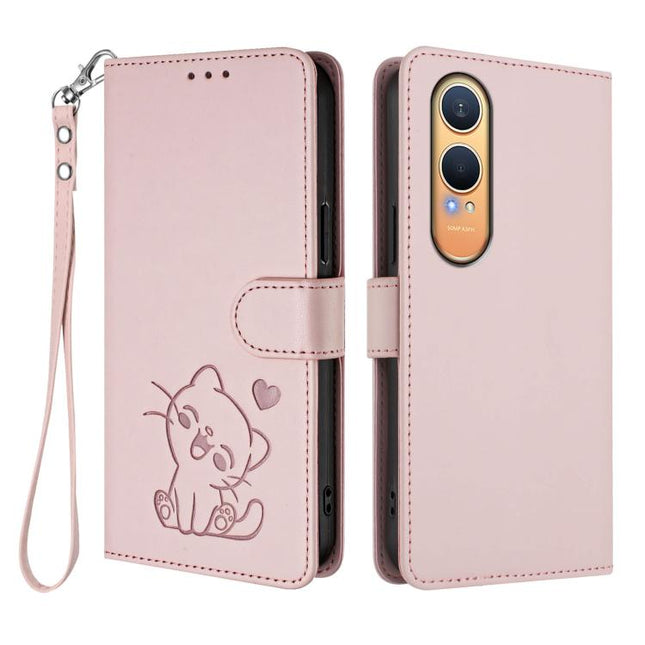 Embossed Heart Cat Leather Phone Case with Hand Strap, For OnePlus Nord CE4 Lite 5G, For OnePlus Nord CE 2 Lite 5G