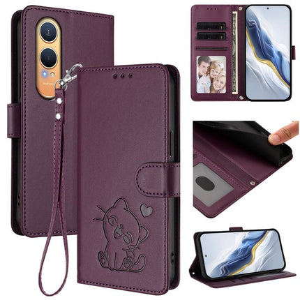 Embossed Heart Cat Leather Phone Case with Hand Strap, For OnePlus Nord CE4 Lite 5G, For OnePlus Nord CE 2 Lite 5G