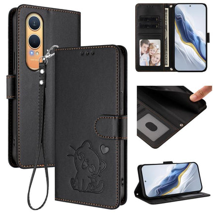 Embossed Heart Cat Leather Phone Case with Hand Strap, For OnePlus Nord CE4 Lite 5G, For OnePlus Nord CE 2 Lite 5G
