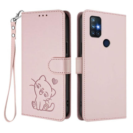 Embossed Heart Cat Leather Phone Case with Hand Strap, For OnePlus Nord N10 5G
