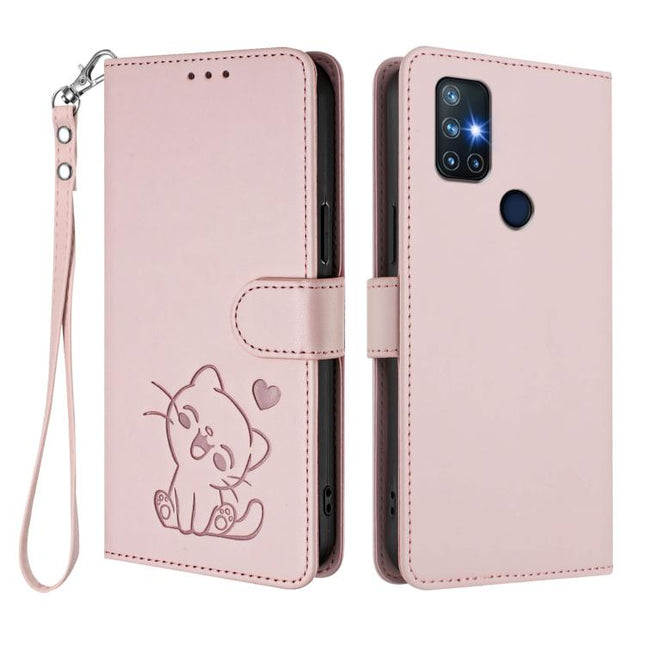 Embossed Heart Cat Leather Phone Case with Hand Strap, For OnePlus Nord N10 5G