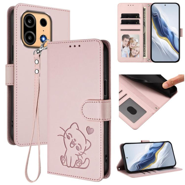 Embossed Heart Cat Leather Phone Case with Hand Strap, For OnePlus Turbo 6X Pro 5G, For OnePlus Turbo 6 / 6V 5G