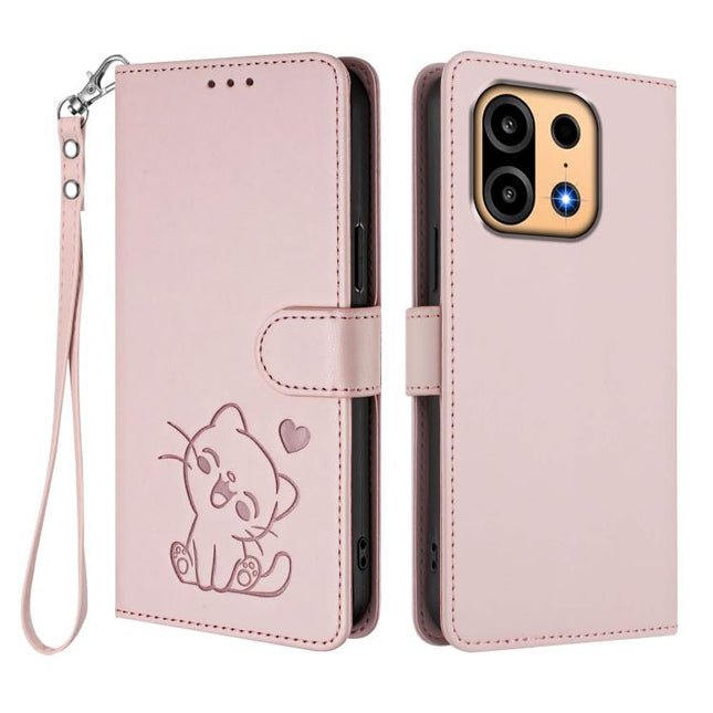 Embossed Heart Cat Leather Phone Case with Hand Strap, For OnePlus Turbo 6X Pro 5G, For OnePlus Turbo 6 / 6V 5G