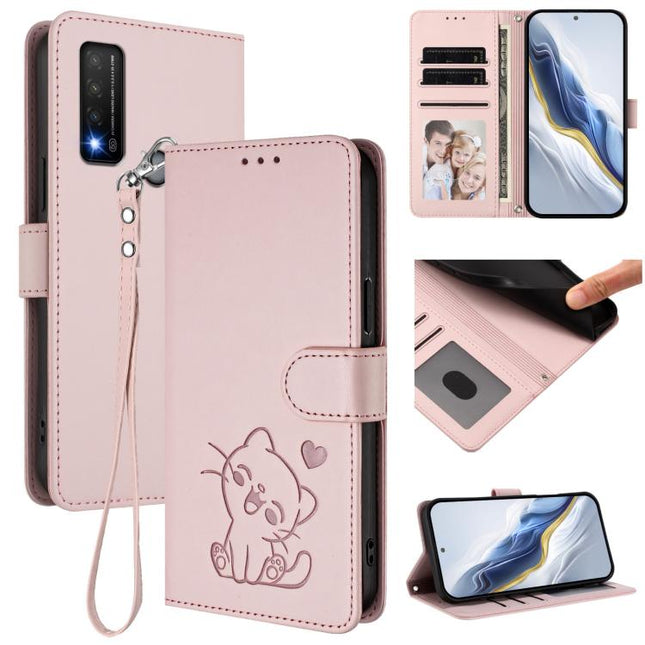 Embossed Heart Cat Leather Phone Case with Hand Strap, For TCL 20R / Bremen 5G / 20AX 5G, For TCL 30 4G / 5G / 30+