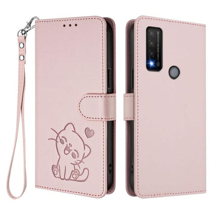Embossed Heart Cat Leather Phone Case with Hand Strap, For TCL 20R / Bremen 5G / 20AX 5G, For TCL 30 4G / 5G / 30+