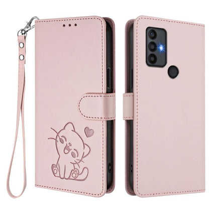 Embossed Heart Cat Leather Phone Case with Hand Strap, For TCL 30 SE, For TCL 30 XE 5G / 30V 5G / T781S