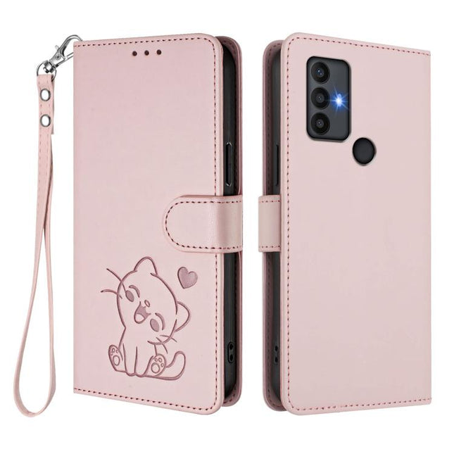 Embossed Heart Cat Leather Phone Case with Hand Strap, For TCL 30 SE, For TCL 30 XE 5G / 30V 5G / T781S